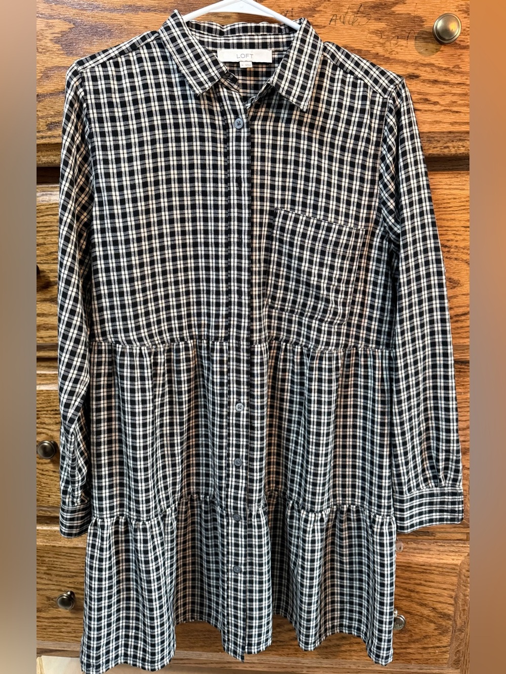 LOFT Black & Tan Plaid Button-Front Tiered Dress